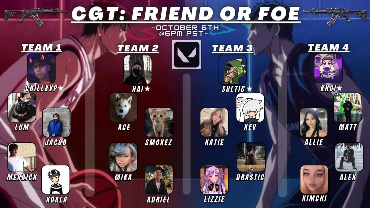_WilsonChang's tweet photo. ✨CGT: FRIEND OR FOE✨

A small Val tourney with a twist! I'm testing it out this Friday at 6pm, excited to see how it goes! 

Twist: For each game, the player w/ the lowest combat score on the winning team will be traded for a player on the losing team (Except for the team mvp). https://t.co/J2bHg51RVf