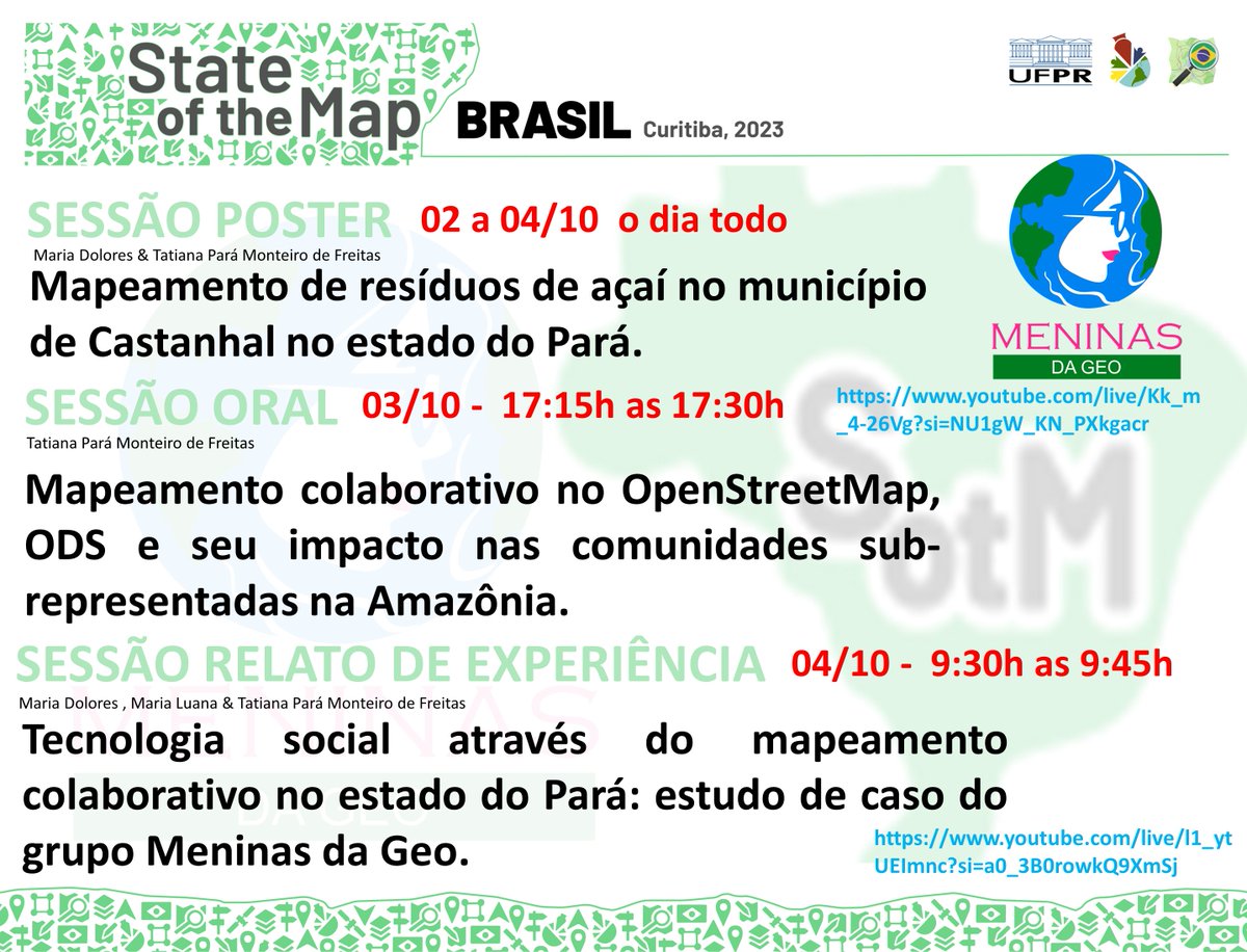 📣 Hoje, o grande evento State of the Map para o OpenStreetMap - SoTM 2023 <a href="/sotmbr2023/">State of The Map Brasil 2023</a>  iniciou com muitas atividades presenciais e híbridas na UFPR/CURITIBA.

Com o patrocínio da empresa TOMTOM , nossa discente de agronomia Dolores reis chegou no evento com grande estilo.