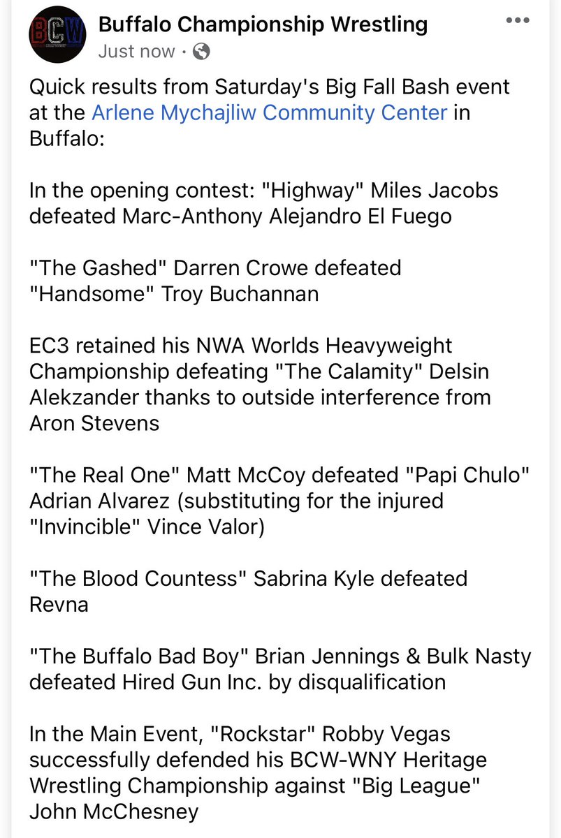 #BigFallBash results: @UltimaCrowe @WNYRassler @Queenofhorrorsk @buffalobadboy12 @BulkNasty91 @Brute_VanSlyke @BuckWildTommyK @Robby_Vegas_ @BigLeagueJMcC #BCWWNY #Buffalo #BuffaloNY