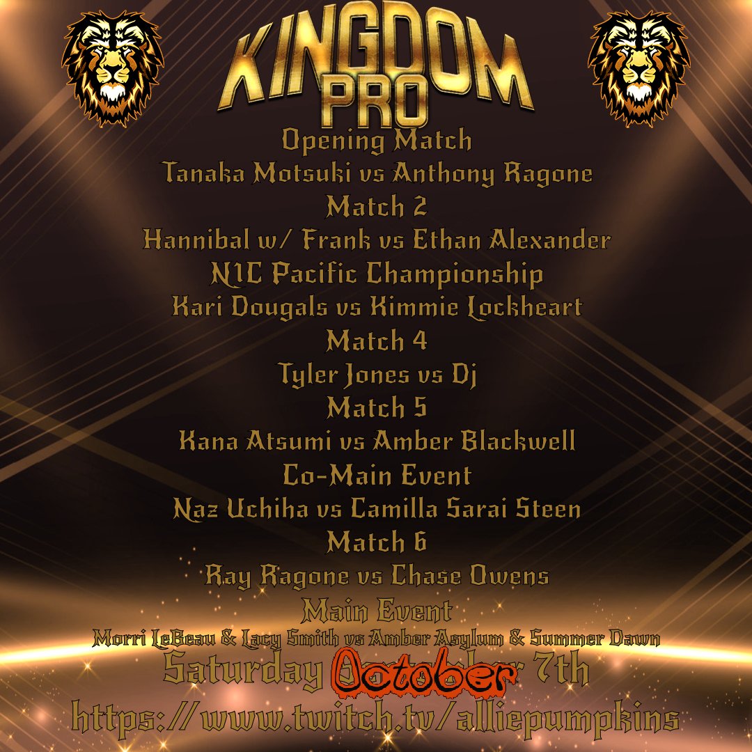 Y'all wanted to see 
The Crown Champion in action 
The Women's Champions facing off 
1/2 of the Tag Champs going to war 
BOTH BRIEFCASE HOLDERS 
AND SOME DEBUTS?! 
we got you OCTOBER 7th 5pm EST Kingdom Pro Episode 8!