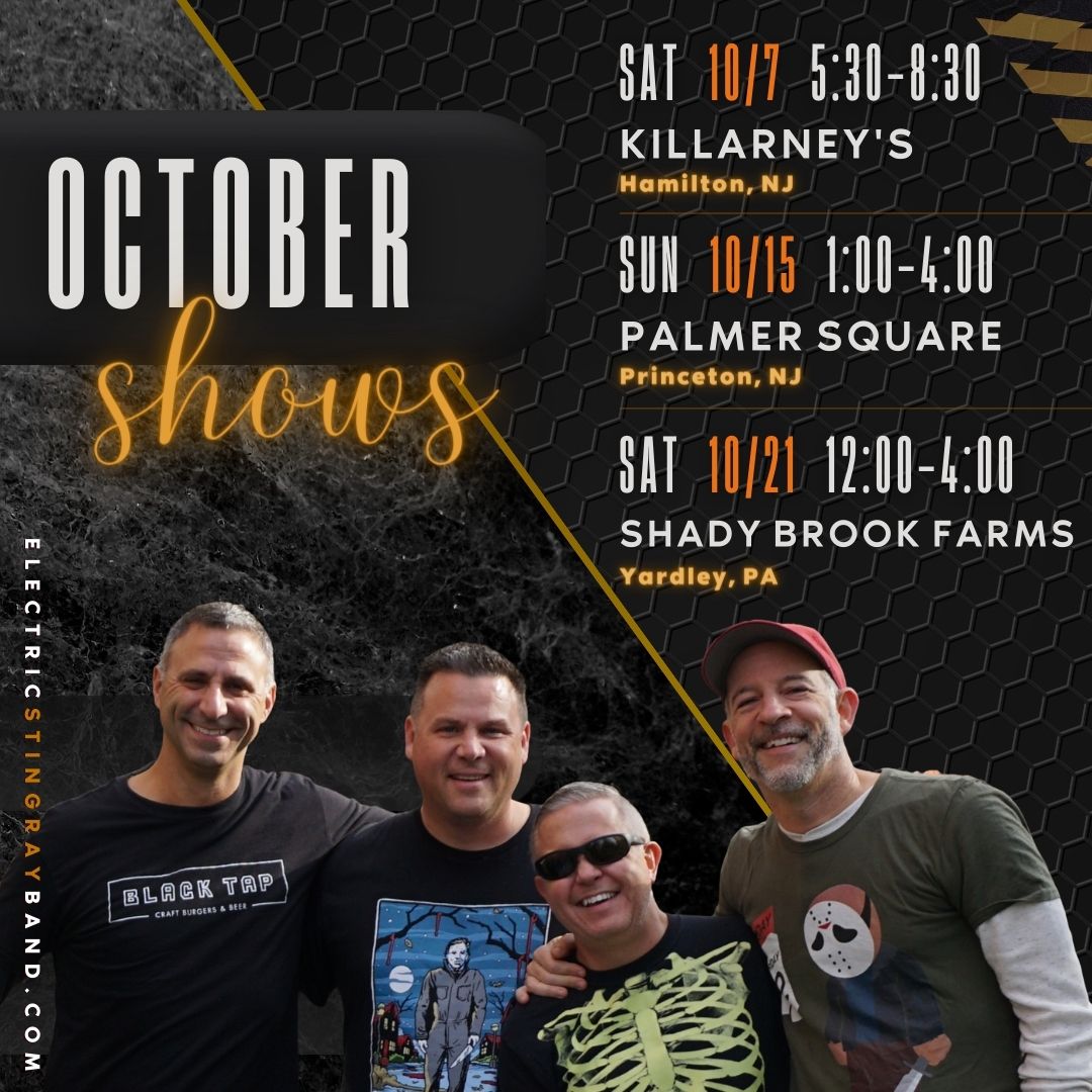e_stingray's tweet photo. October means falling leaves, trick or treating, and awesome rock covers!  Come join us at one of our upcoming shows, starting this Saturday!  Sat, 10/7 @ 5:30-8:30

@Killarneys
Hamilton, NJ  

With a show this early you can still get home before bedtime...yours, not the kids😉 https://t.co/ma7hhereg1