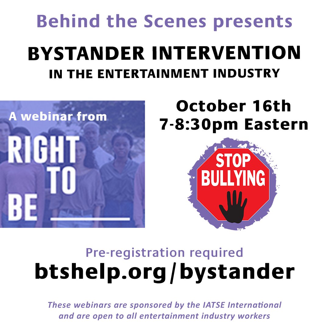 It’s Mental Health Monday! Join us on Monday October 16th for Bystander Intervention in the Entertainment Industry, a free webinar by @righttobeorg sponsored by @iatse Pre-register at the link in our bio! #stopbullying #bystanderintervention #entertainmentindustry