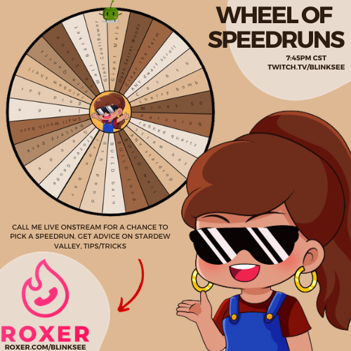Blink_See_'s tweet photo. Tonight we are doing Wheel of Speedruns 🥳Sponsored by Roxer! A great way to support your favorite streamers while interacting with them in real-time. Visit https://t.co/oPvvAgnewV to learn more. #ad https://t.co/ujHNs4gY0M