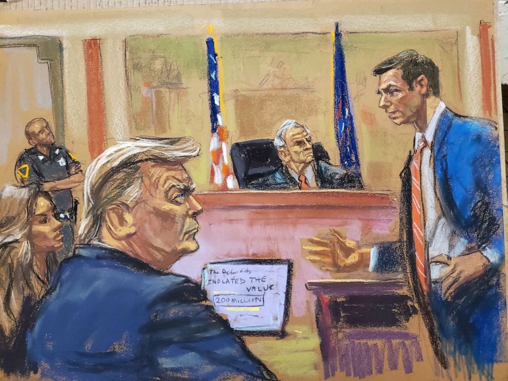 What do you notice in this courtroom sketch from Trump's fraud trial in NYC?