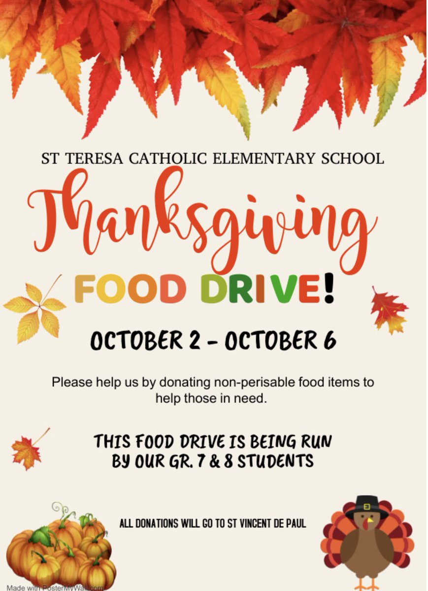 We are having a Thanksgiving Food Drive this week!!!  Please send in, or drop off, a donation of a non-perishable food item to help those in need 🧡 <a href="/JeannieArmstr20/">Jeannie Armstrong</a> <a href="/PVNCCDSB/">PVNC Catholic</a>