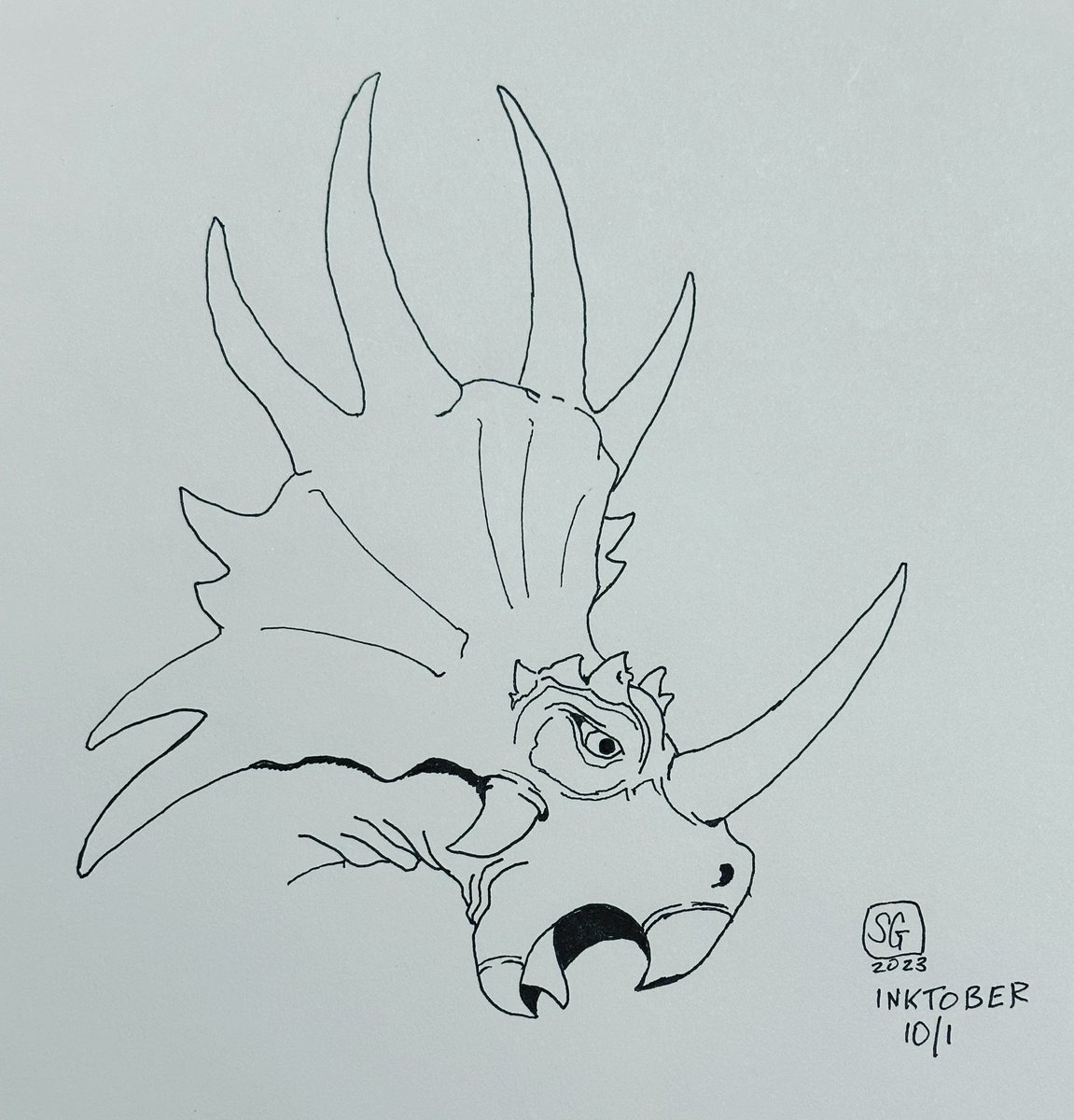 tscottgarner's tweet photo. #Inktober days one and two. Probably all #paleoart for me. 

Day one: line trace of pencils. 
Day two: stippling and some shading.

Initial sketch done while listening to @Dave_Hone and @iszi_lawrence on the excellent Terrible Lizards podcast! https://t.co/YbyCBfSPhR