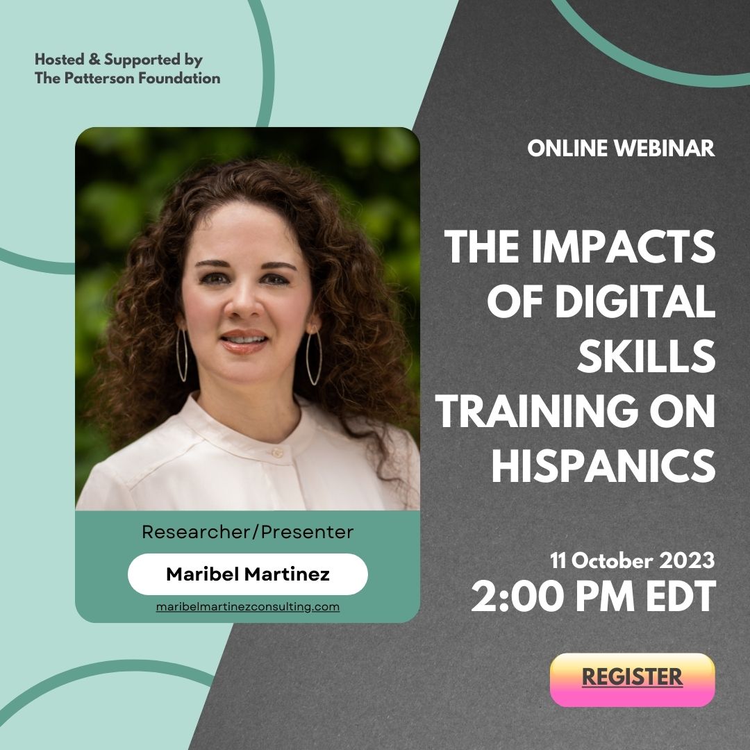Maribel Martinez Consulting (@mmartconsult) on Twitter photo In 2 days learn about our latest #research study "One Year Later: The Impacts of Digital Literacy Skills Training on Hispanic Households" Oct 11 thanks to generous support from <a href="/ThePattersonFdn/">The Patterson Foundation</a>! Register maribelmartinezconsulting.com/learn #HispanicHeritageMonth2023 #DigitalInclusion #Latinx In 2 days learn about our latest #research study "One Year Later: The Impacts of Digital Literacy Skills Training on Hispanic Households" Oct 11 thanks to generous support from <a href="/ThePattersonFdn/">The Patterson Foundation</a>! Register maribelmartinezconsulting.com/learn #HispanicHeritageMonth2023 #DigitalInclusion #Latinx