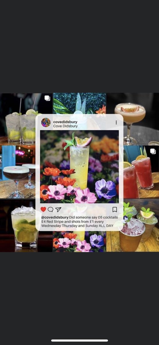 Enjoy £6 Cocktails, £4 Red Stripes &amp; shots from £1 All Day Sunday, Wednesday &amp; Thursday and until 9pm Saturday &amp; Sunday. 🍹

#CoveDidsbury #WeRumThisHouse #HappyHour #SixPoundCocktails #SixAtSix #WestDidsbury #ManchesterBar