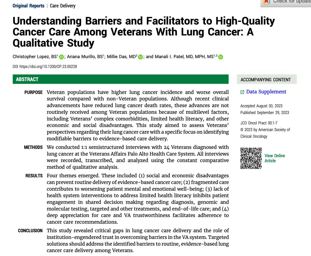 Jame Abraham, MD, FACP (@jamecancerdoc) on Twitter photo Understanding Barriers and Facilitators to High-Quality Cancer Care Among Veterans With #lungcancer A Qualitative Study <a href="/_Chris__Lopez/">Chris Lopez</a> @manalipatelmd <a href="/StanfordMed/">Stanford Medicine</a> <a href="/JCOOP_ASCO/">JCO Oncology Practice</a> <a href="/ASCO/">ASCO</a> ascopubs.org/doi/10.1200/OP… Understanding Barriers and Facilitators to High-Quality Cancer Care Among Veterans With #lungcancer A Qualitative Study <a href="/_Chris__Lopez/">Chris Lopez</a> @manalipatelmd <a href="/StanfordMed/">Stanford Medicine</a> <a href="/JCOOP_ASCO/">JCO Oncology Practice</a> <a href="/ASCO/">ASCO</a> ascopubs.org/doi/10.1200/OP…