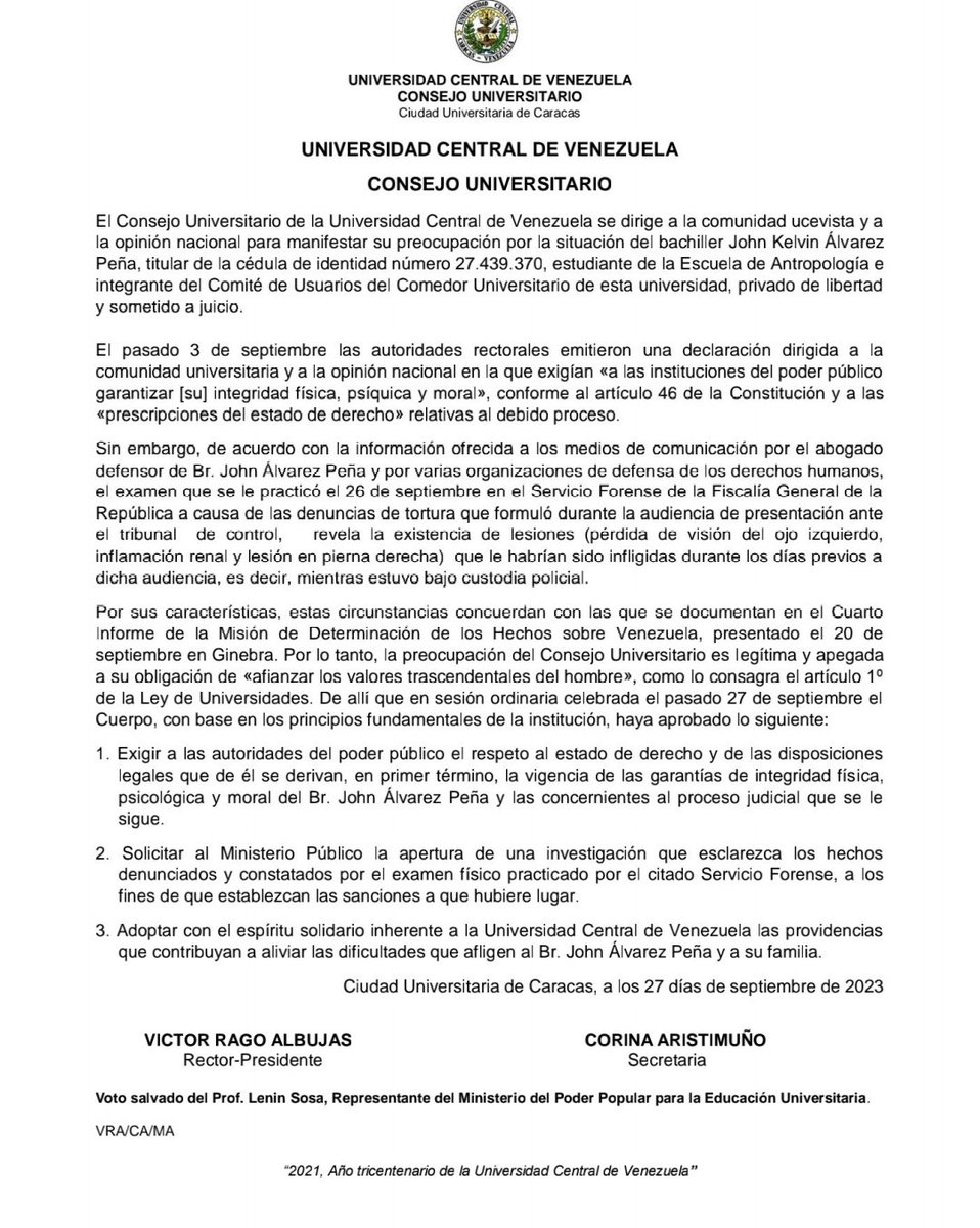 Pronunciamiento del #CUUCV ante la situación del Br. John Kelvin Álvarez Peña, estudiante de la Escuela de Antropología.

#UCV