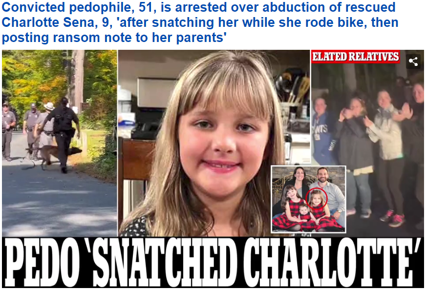 ChuckCallesto's tweet photo. BREAKING REPORT: Charlotte Sena has been found alive..

The suspect, a 51-year-old male is a known p-dophile with a sex-al criminal history.

Police said just after 7pm: 'Charlotte has been found safe and in good health.'

"We are overjoyed at the news that Charlotte Sena has been located safely this evening after an intense days-long search.

'Our hearts are with her family as they welcome her home.

'Thank you to the New York State Police, New York Park Police and all who worked so tirelessly to find Charlotte.

'It is because of their efforts that Charlotte will be able to return home safe to her family."
