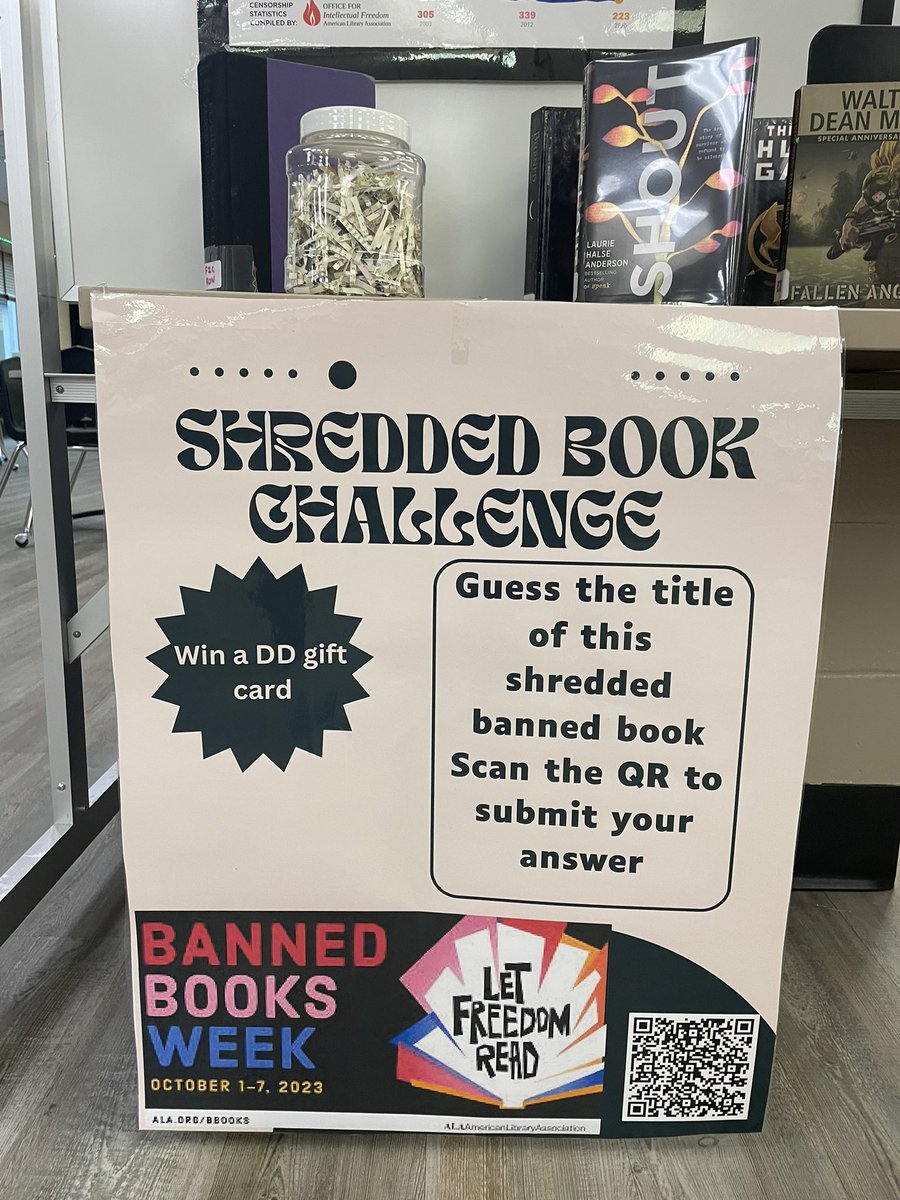 WilbyLMLC's tweet photo. Want a chance to win a $20 DD gift card? Stop by the media center and take a guess at the shredded book challenge https://t.co/QhM6DtfnLz