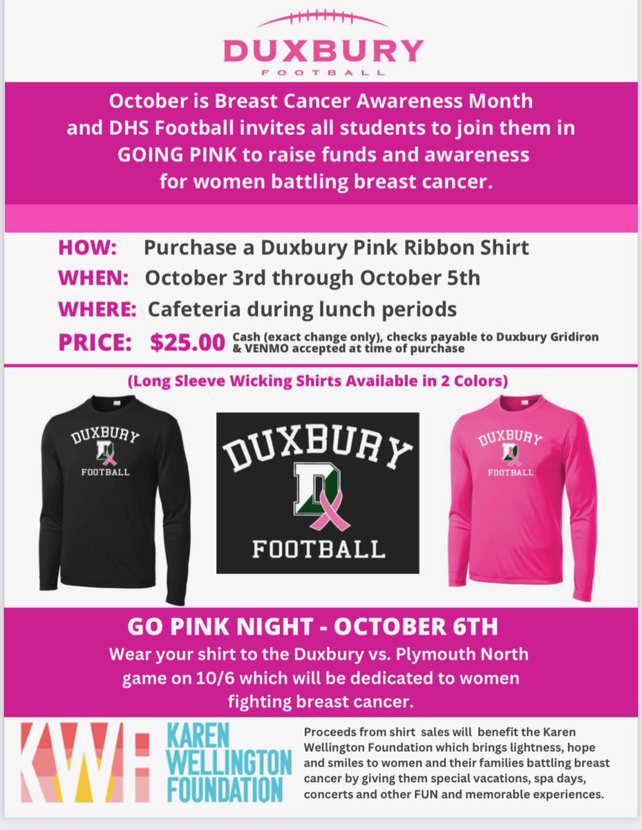 October is Breast Cancer Awareness Month! Players will be selling the Pink Ribbon Dux Football Long Sleeve Shirts at lunch starting tomorrow. Please join us in going Pink at the game this Friday night!
🐉🏈 #SHL