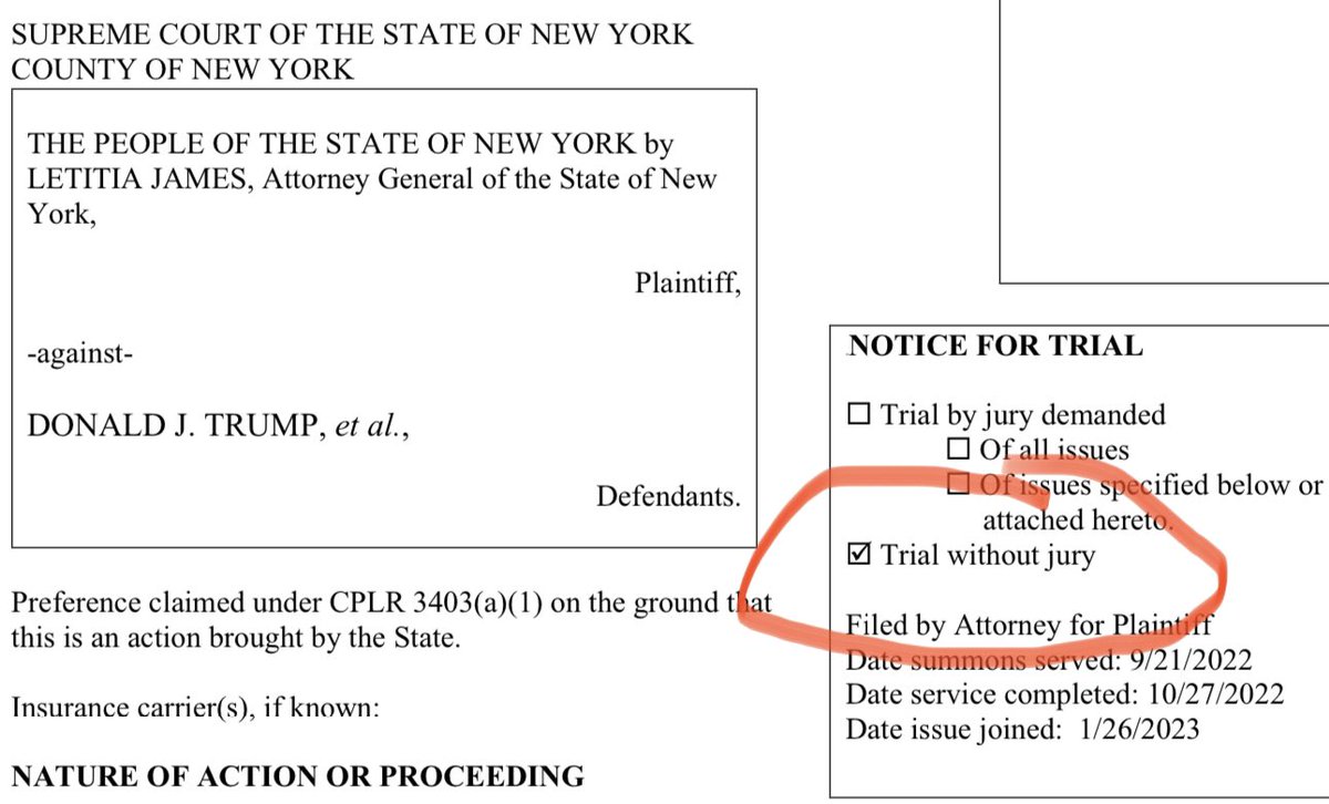 Trump’s lawyers FAILED to ask for a jury.

NY AG Letitia James asked for a “Trial without jury” — a bench trial, with the judge deciding.

After the AG filed this form, Trump needed to file one of his own.

He never did.