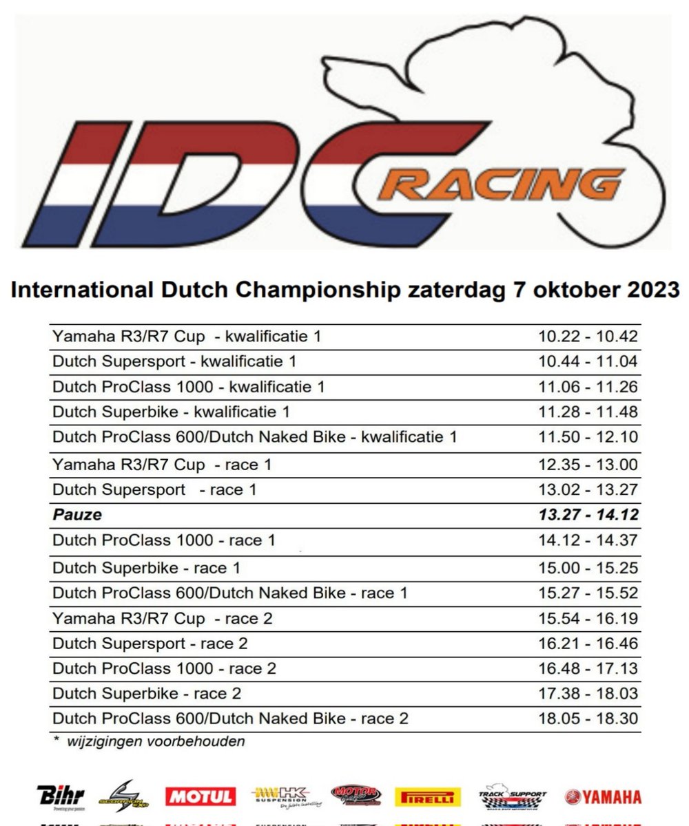 IDCracing's tweet photo. Timetable (CEST) π³π± #AssenIDC #Finaleraces @IDCracing (07/10/2023) @TTCircuitAssen https://t.co/xYqbzkK1h7