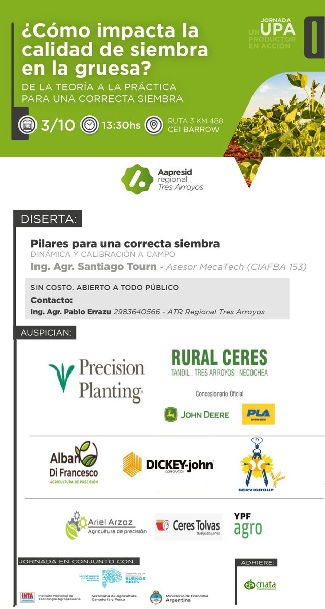 Mañana! Los esperamos para arrancar la gruesa con todo! <a href="/mecatech_ag/">MecaTech Agroconsultora</a> <a href="/PPlantingARG/">Precision Planting Argentina</a> @CeresTolvas <a href="/VerionAgriAr/">Verion Agricultura Argentina</a> <a href="/YPFAgro/">YPF Agro</a> #AlbanoDifrancesco #ArielArzoz <a href="/CeiBarrow/">CEI Barrow (MDA - INTA)</a> <a href="/CRIATAOficial/">CRIATA</a> <a href="/pabloerrazu/">Pablo Errazu</a> <a href="/AdrianEtcheto/">Adrian</a>