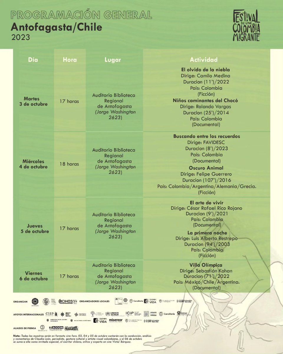 DonBenCruz's tweet photo. 📽 @colmigrantefest llega a #Antofagasta con la temática de desplazamiento forzado interno y transfronterizo. En @BibliotecAntofa del 3 al 6 de octubre, organiza @colombianosune - Consulado de Colombia en Antofagasta. Inscríbete: https://t.co/jjBR3RtjdC
#FestivalColombiaMigrante https://t.co/45I8NGRmpM