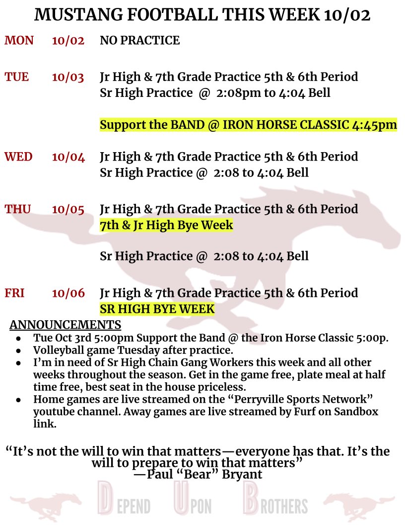 Weekly Schedule for this weeks bye week! Time to get focused on the fundamentals! Go Mustangs!