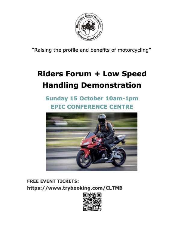 One week to Motorcycle Awareness Week. Joe Rider starting 9 Oct and Riders Forum 15 Oct. Support motorcycling in ACT.