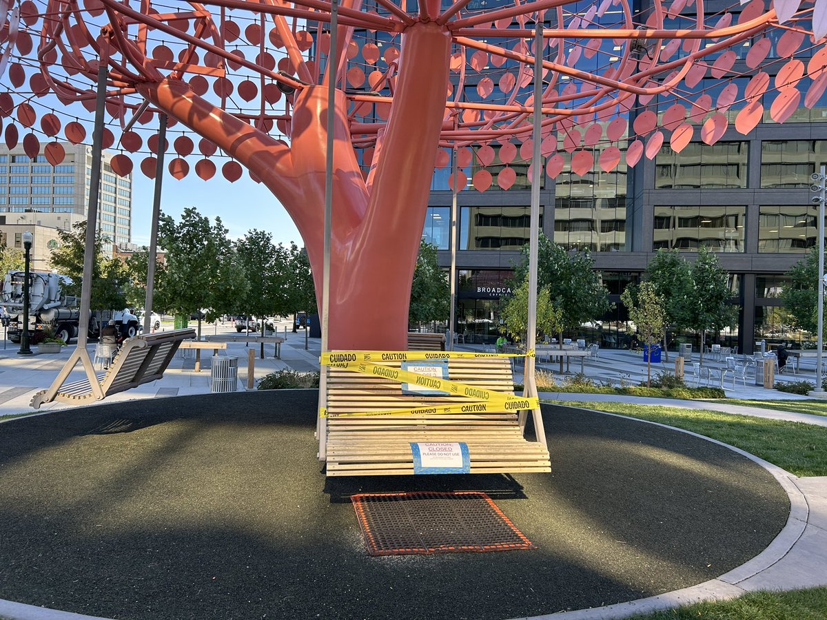 One of the swings on “Gentle Breeze” (2021) by Matthew Mazzotta in @boiseparks’ Cherie Buckner-Webb Park is currently closed off for repairs. We are working closely with an engineer to weld and reinforce the design to ensure public safety. Use caution in and around the site.