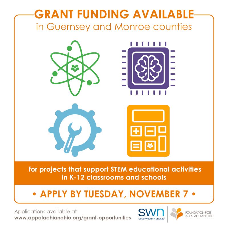 Southwestern Energy &amp; FAO are teaming up to support STEM activities in K-12 classrooms in Guernsey &amp; Monroe counties. Grant applications are due by Nov. 7.
Read more at: appalachianohio.org/grant-funding-…