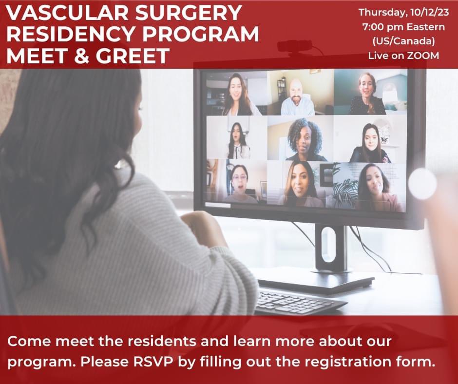 Log on to join our Vascular Surgery residents for a Virtual Candidate Meet &amp; Greet on Thursday, October 12, 2023, at 7:00 pm Eastern. Click the link below to register for this live ZOOM event and receive the log-in details.

forms.gle/dZAJFkxBqZLu7N…