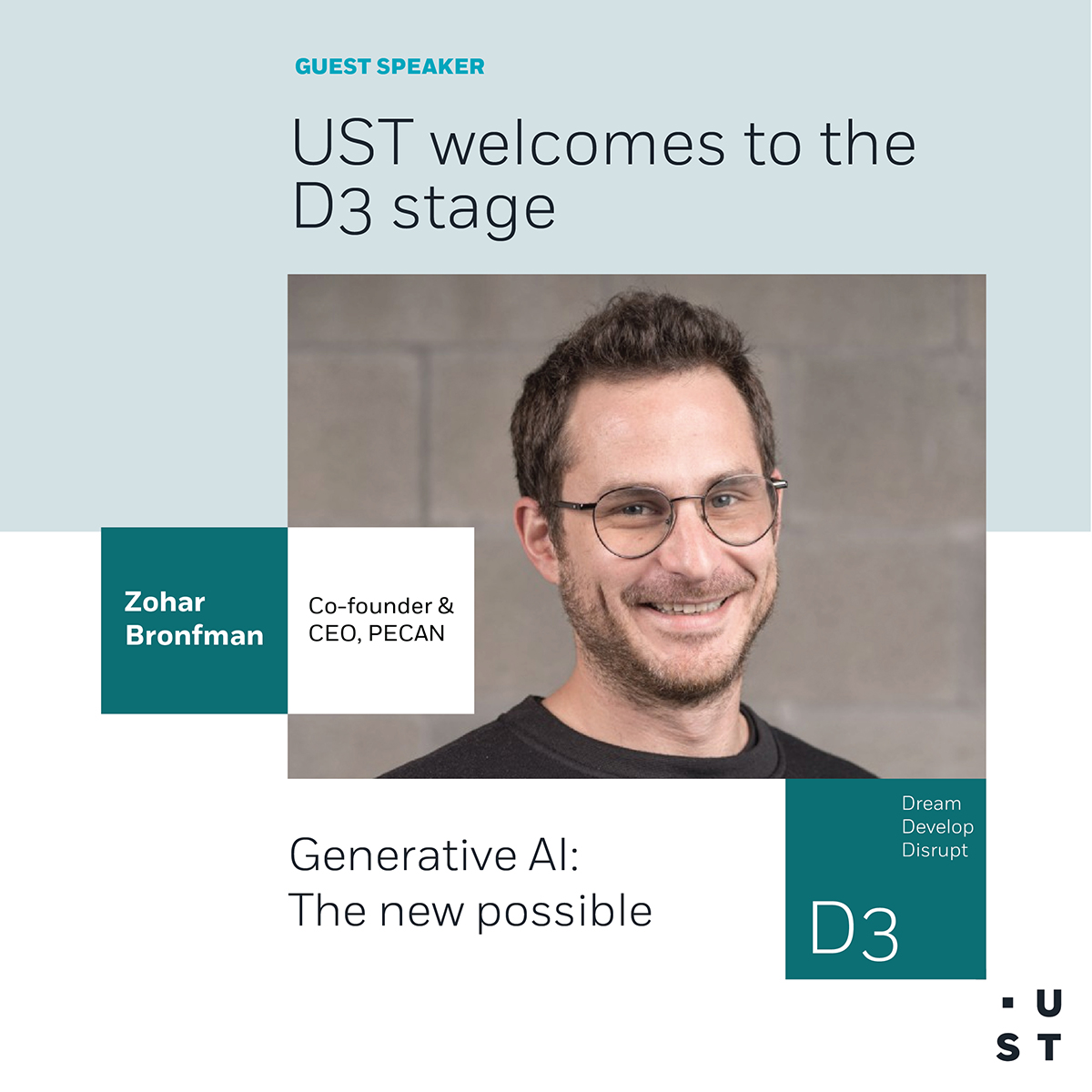USTglobal's tweet photo. Zohar Bronfman, Co-founder & CEO of @pecan_ai, is joining us at D3 this week as a keynote speaker.
Zohar will share insights on #AI for business and explore different aspects of #genAI – from value creation to business thinking.
Discover D3: https://t.co/NoLtFnAVnA #USTd3 https://t.co/B00Br2HNvj