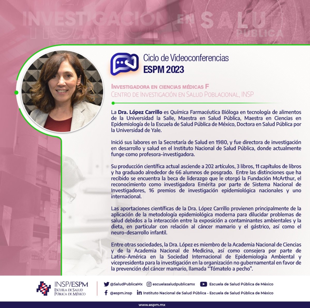 SaludPublicaMx's tweet photo. Conoce a la Dra. Lizbeth López Carrillo, ponente en la próxima #VCI23: "Más conciencia menos cáncer mamario" 💕
📅 17 de oct · 12:00 h
💻 En vivo vía Facebook Live y zoom
🚫 Sin registro previo
#SaludPública #ComunidadESPM #INSP #SomosESPM #ESPM https://t.co/65NVlRYqo9