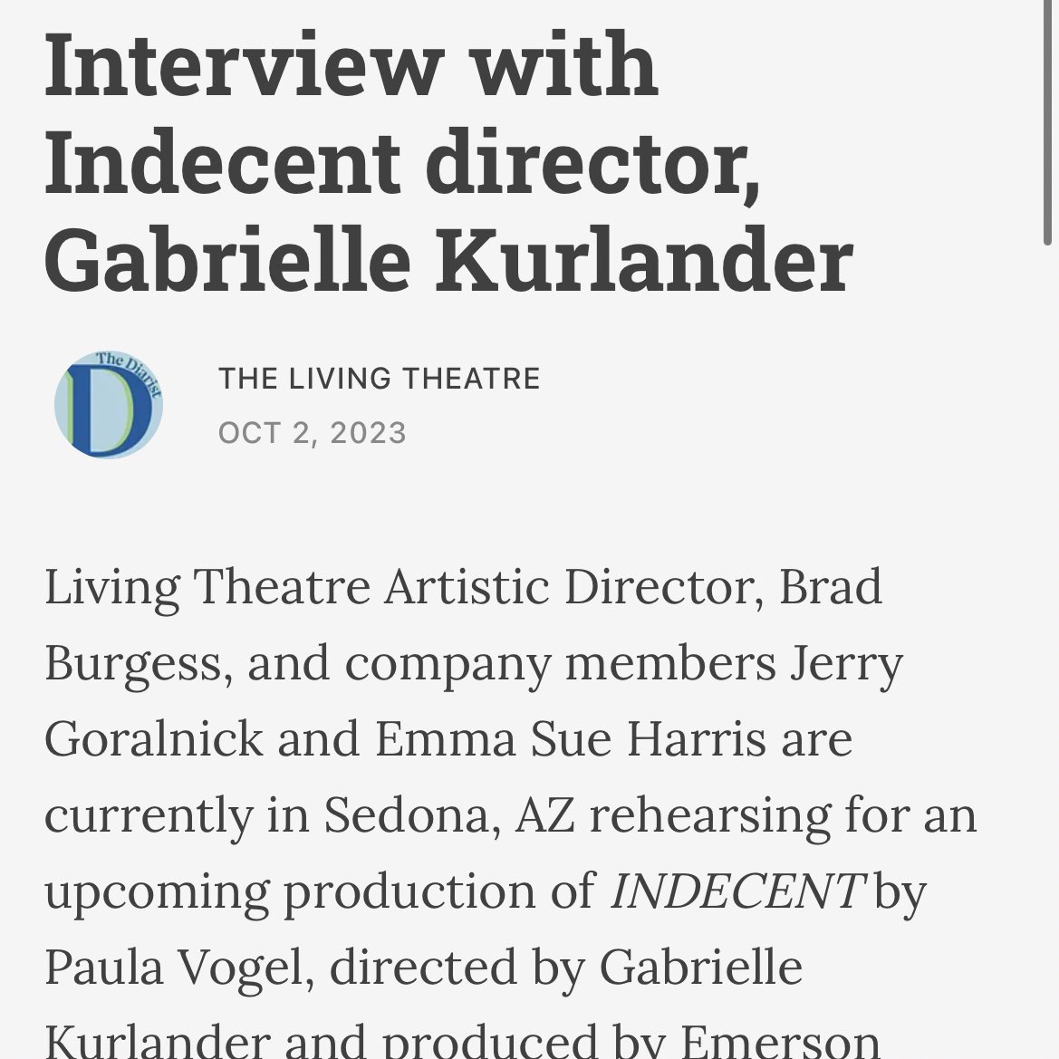 New entry on the blog! This month we’ve been focusing on the Jewish legacy of The Living Theatre in connection to a production of Indecent that features several LT company members - check out director Gabrielle Kurlander’s interview about the process at the link in bio ❣️