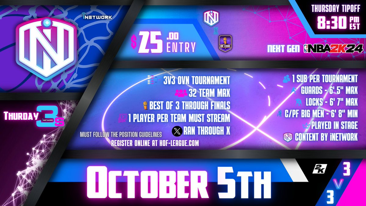 HOF League (@hofleague2k) on Twitter photo 🏆Thursday 3s registration is LIVE!
🔥$25 ENTRY
🚨 Sign-ups are due by 8:00 PM EST
🌒 Brackets drop at 8:30 EST
🔘Every round is a BO3 through Finals
▶️ Register Now: hof-league.com/3v3-ovn-regist…
<a href="/DangerrFT/">Over-Night Danger 💫</a> @youFamousEnough <a href="/DirtyGraphics/">DirtyGraphics</a> <a href="/iNetworkSports/">iNetwork</a> 🏆Thursday 3s registration is LIVE!
🔥$25 ENTRY
🚨 Sign-ups are due by 8:00 PM EST
🌒 Brackets drop at 8:30 EST
🔘Every round is a BO3 through Finals
▶️ Register Now: hof-league.com/3v3-ovn-regist…
<a href="/DangerrFT/">Over-Night Danger 💫</a> @youFamousEnough <a href="/DirtyGraphics/">DirtyGraphics</a> <a href="/iNetworkSports/">iNetwork</a>