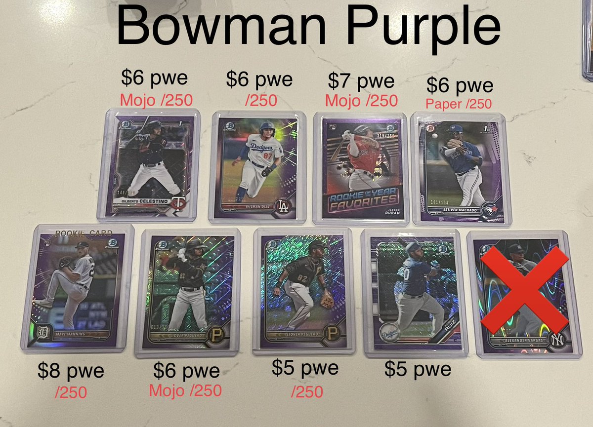 RobRipsCards's tweet photo. @HiveCards @TyRecino All Bowman numbered.
PWE included in prices listed https://t.co/geawfKBqpF