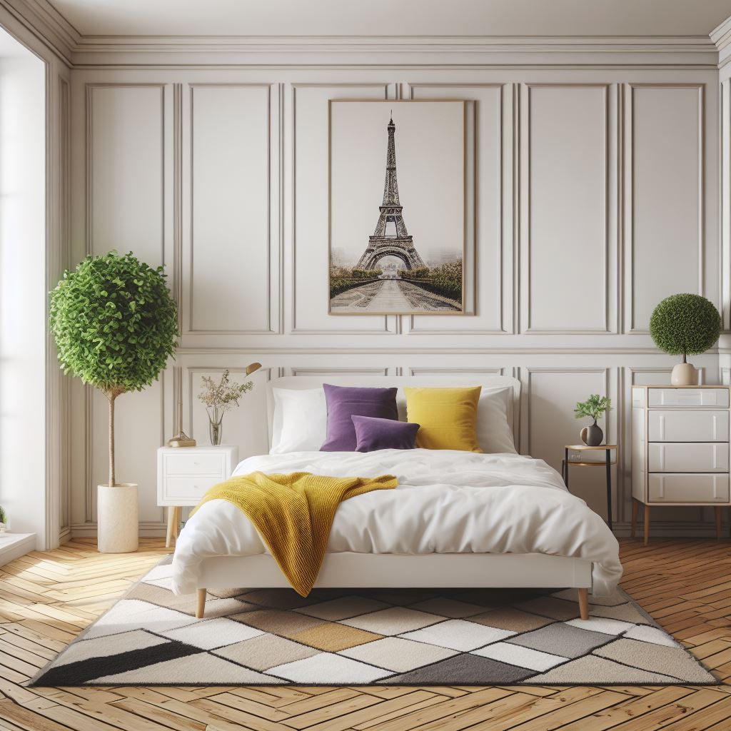 akhil_AI_deas's tweet photo. Dalle-3's Prompt-to-Image alignment is absolutely off the charts!

Prompt: A bedroom in Scandinavian interior design style with wooden flooring, a bed with white covers and yellow and purple pillows, wainscotting on the walls, a painting of the Eiffel Tower above the bed, a plant on the left side, a white dresser and a rug with geometric patterns.

#dalle3 #SDXL #GenAI #OpenAI