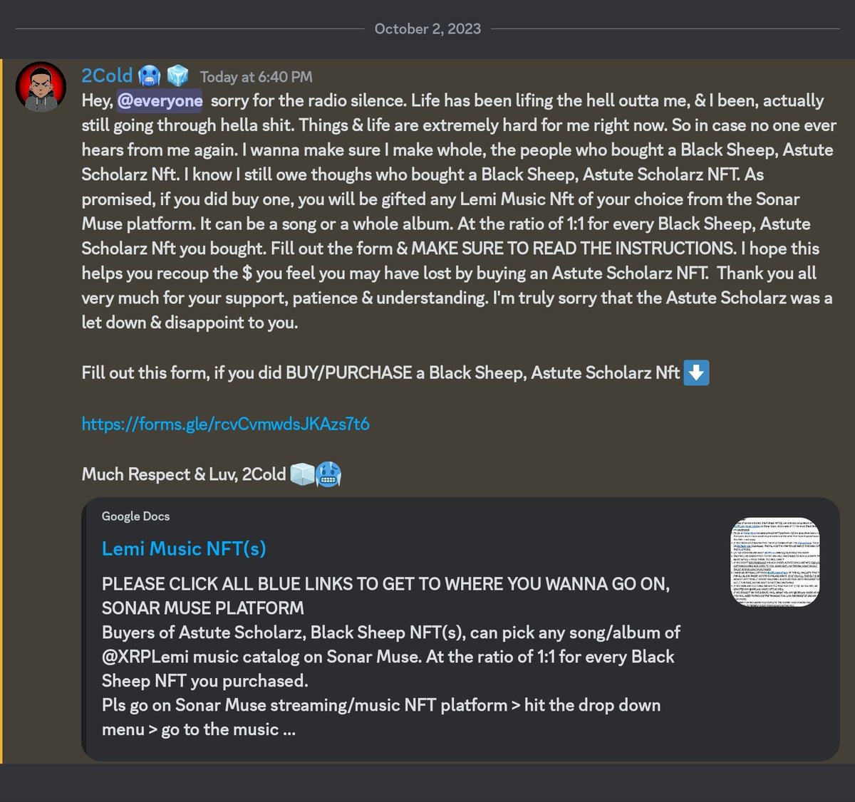 If u 💰 for an <a href="/AstuteScholarz/">Astute Scholarz</a>,🏆 an auction for a 1/1 #BlackSheep #NFT (💰 for it), or bought a #AS #NFT on the 2ndary. This PSA is for u. Pls fill out the form ⬇️

forms.gle/rcvCvmwdsJKAzs…

Pls let folks know if they paid for a #NFT they are being gifted this #RetweeetPlease
