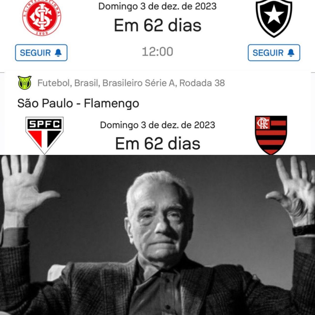 MengaoMalvada0's tweet photo. Última rodada do Brasileirão

Botafogo há 1 ponto do Flamengo

Botafogo ganhando e o Flamengo empatando aos 40 do segundo tempo

No minuto 41 o internacional empata e o jogo fica por isso msm

45 do segundo tempo no jogo do flamengo, e o Flamengo precisa da vitória para ser campeão

10 minutos de acréscimo

Até que minuto 53, o predestinado, Everton cebolinha, isso msm, o herói improvável faz o gol do título.

Cebolinha fica pelado e os são paulinos que estão no estádio vão todos mamar ele

Pedro certezas se mat4 por motivos de não aguentar a zoação

Simplesmente Absolute cinema