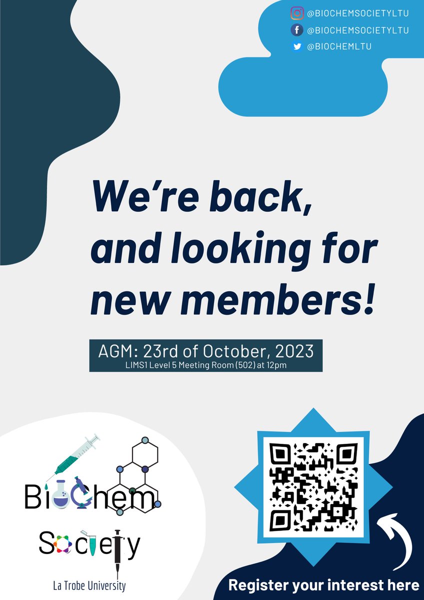 The BioChem Society is extremely excited to announce its return for 2023/24! 📢 Express your interest via the QR code and join us for our annual general meeting (there will be snacks but please bring along your lunch!) We look forward to seeing you there 👋🏼🔬🧫