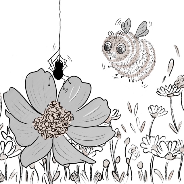 Inktober, Peachtober, and SCBWI Artober Day 2:  #Spiders, #Cosmos, #Mystery…
“What!? A mysterious creature in my favorite flower?", cried little BB Fuzzbottom. (Yep, kinda stretching the prompts to fit my narrative, 🐝🕷️🌼) #inktober,#peachtober23,#scbwiArtober2023