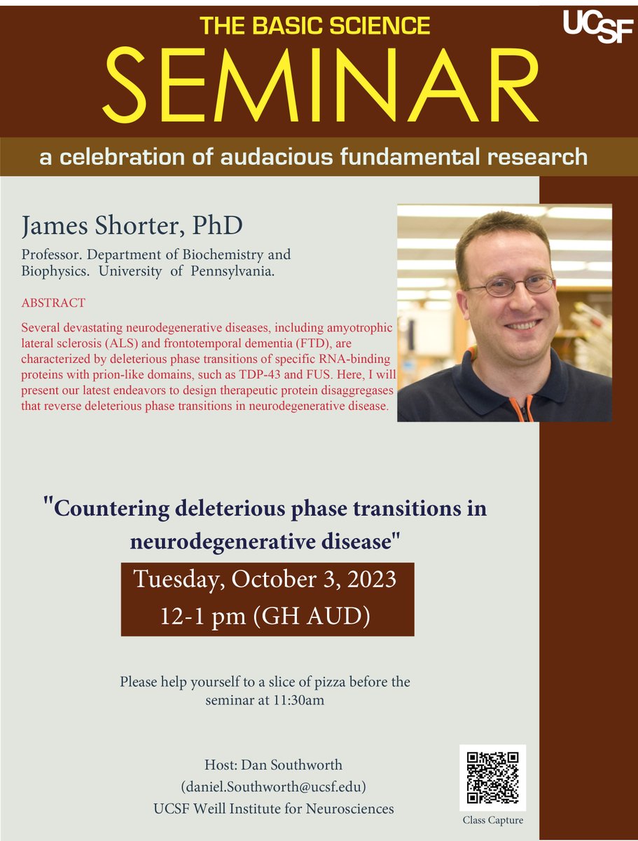 Excited to present <a href="/UCSF/">UC San Francisco</a> <a href="/Ucsf_Biochem/">UCSF Biochemistry</a> The Basic Science Seminar:  A Celebration of Audacious Fundamental Research tomorrow at noon in Genentech Hall, thanks so much to @SouthworthLab for hosting!