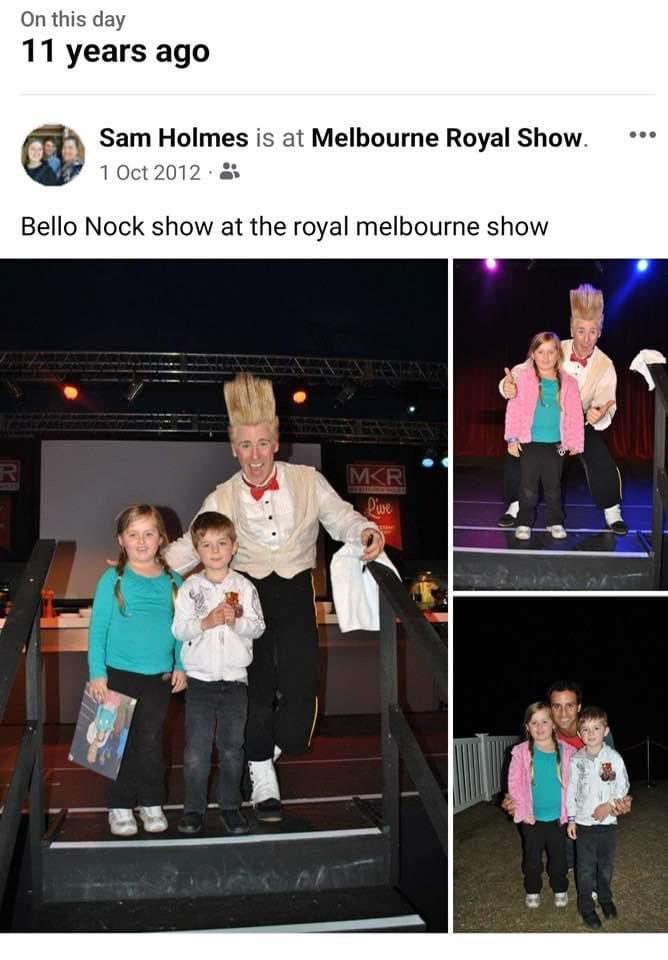 BelloNock's tweet photo. That’s a wrap for my fourth appearance at the #MelbourneRoyalShow!!! That first photo on the right is from Sam &amp; Emma who came to see me my first time here back 11 years ago! I got to take another photo with Emma this year!  She’s all grown up… &amp; I look exactly the same!  🤣😉 https://t.co/xqFhlhkHeE
