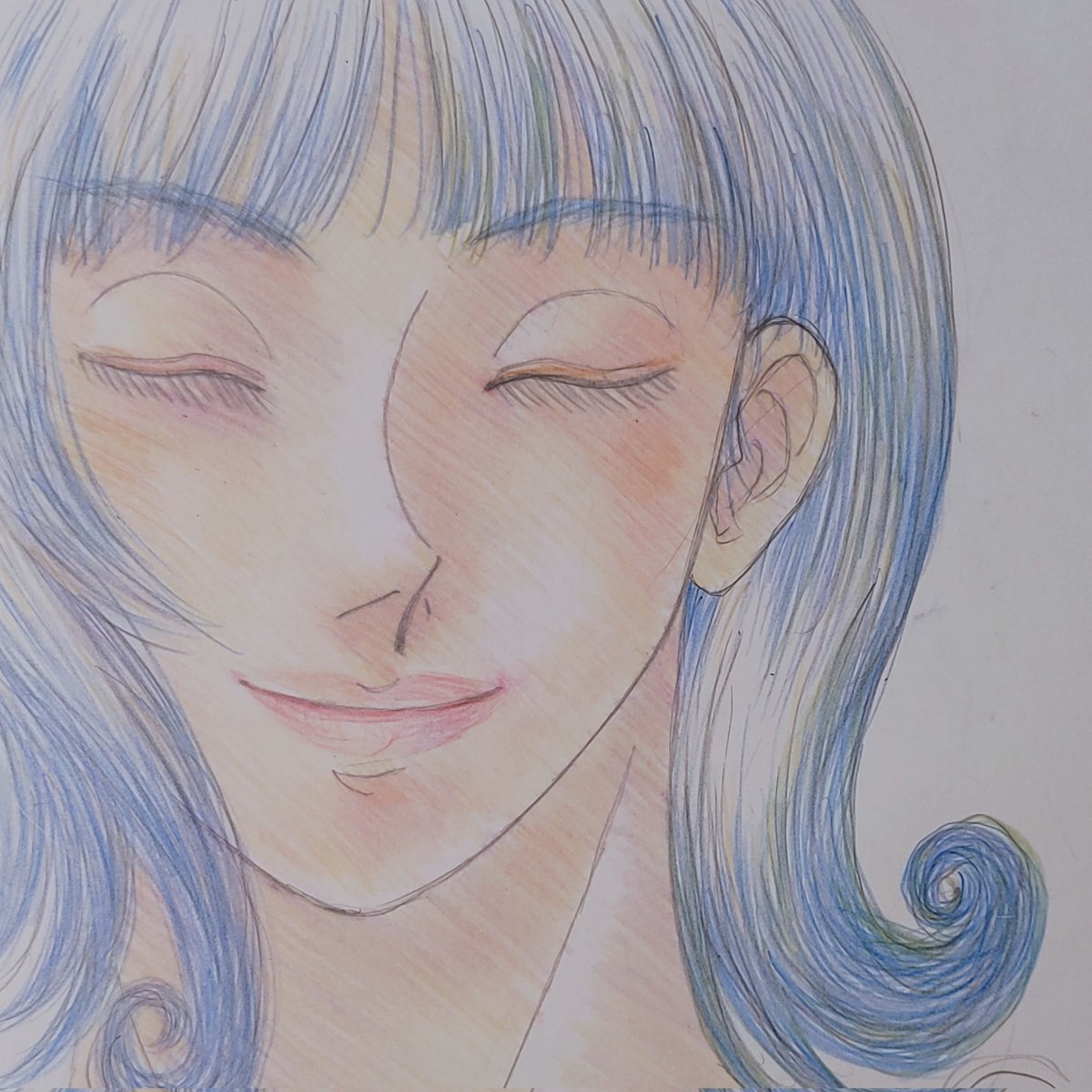 1girl solo smile closed eyes traditional media portrait blue hair  illustration images