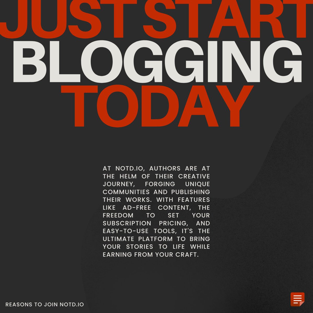 notd_io's tweet photo. https://t.co/H27Pw5fXjf empowers authors to take the helm on their creative journey. Build distinctive communities, publish your works with freedom, and monetize your craft.

Join other authors on https://t.co/H27Pw5fXjf

#writerscommunity #notd #publisher #publishing #creative https://t.co/ipC3K4h974