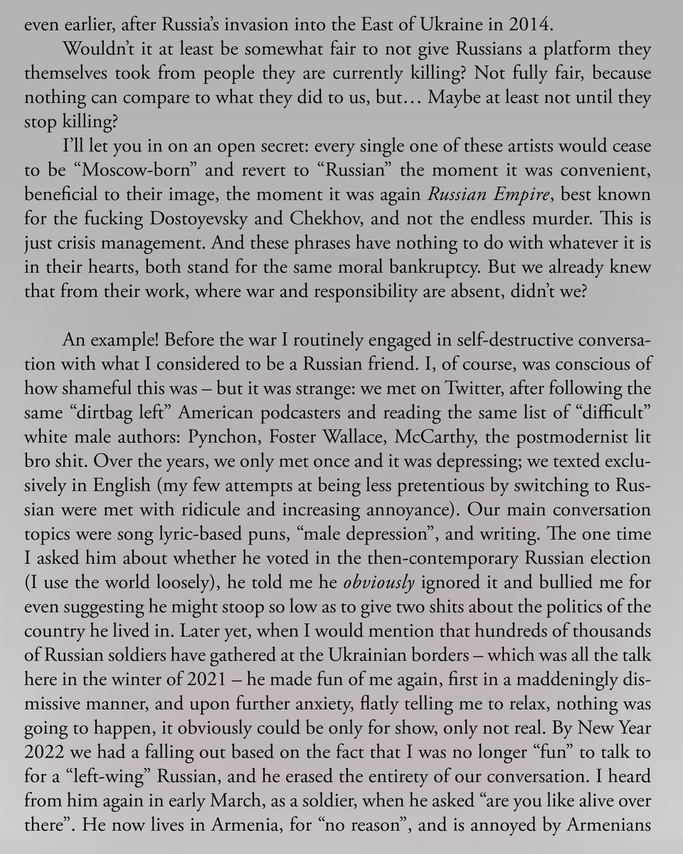 "In Moskau geboren, lebt in Leipzig" – a small essay on what it feels like to see Russians still a part of the world's arts community, while cold, in a forest, with a rifle. the one to share if you do that sort of thing: i'd like this read 
1/2