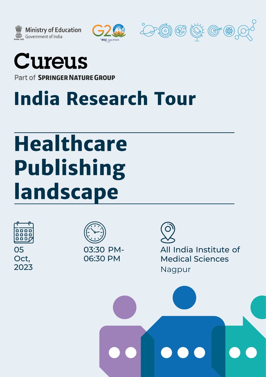 CureusMedical's tweet photo. Join @SpringerNature and @CureusInc at the All India Institute of Medical Science (AIIMS) in #Nagpur on October 5th at 3:30 IST for a look into the healthcare publishing landscape!
#SNIndiaResearchTour #cureus #AIIMS @eduminofindia @g20org https://t.co/HBIQf62ehM