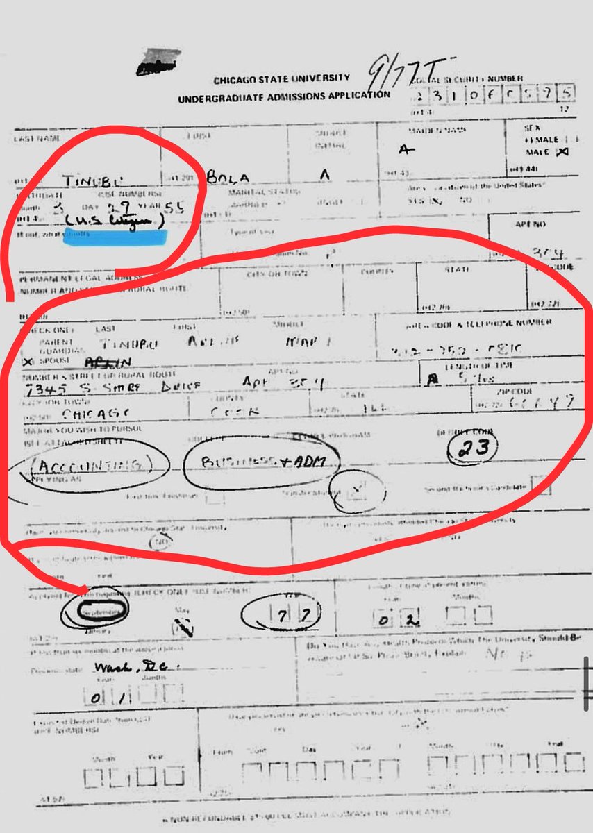 RealQueenBee__'s tweet photo. According to attached undergraduate application form, the Bola A. Tinubu that got administration into Chicago State University was:

1. FEMALE 
2. A US CITIZEN and 
3. She was MARRIED.

Her spouse's name is written after the tick. Hello? (Is this a fiction)

She has a social security number, which is different from the one on the transcript.

Another key question is 

How was a “female” admitted into CSU with a 1970 high school certificate from Government College Lagos that:

1. Is All BOYS-ONLY school?
2. Was established in 1974?

These are just the beginning of the questions.

Relax because more unveiling questions are coming.