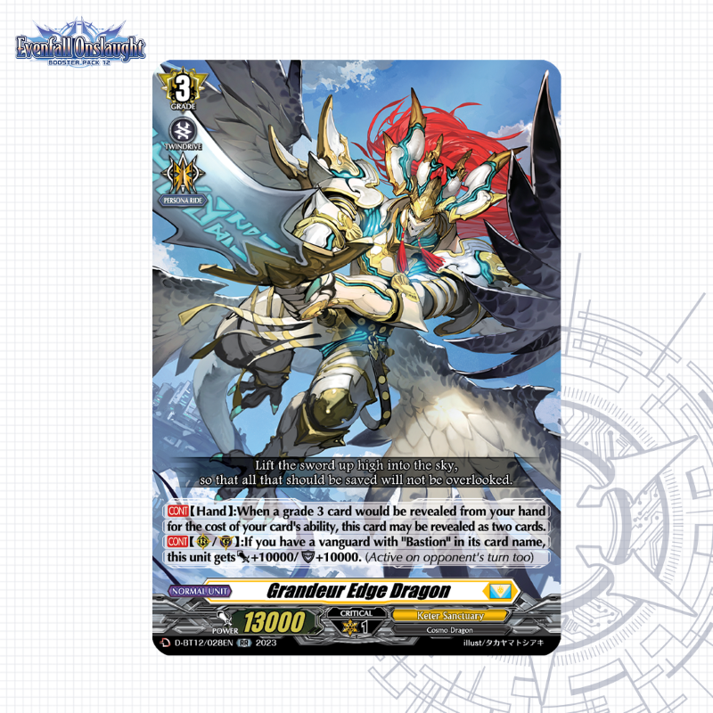 cfvanguard_en's tweet photo. "Lift the sword up high into the sky, so that all that should be saved will not be overlooked."
Today's featured card is Grandeur Edge Dragon from Booster Pack 12: Evenfall Onslaught
On sale from October 13th!
Find out more: https://t.co/aaRwlQE2Yu
#CardfightVanguard #CoTDs #TCG