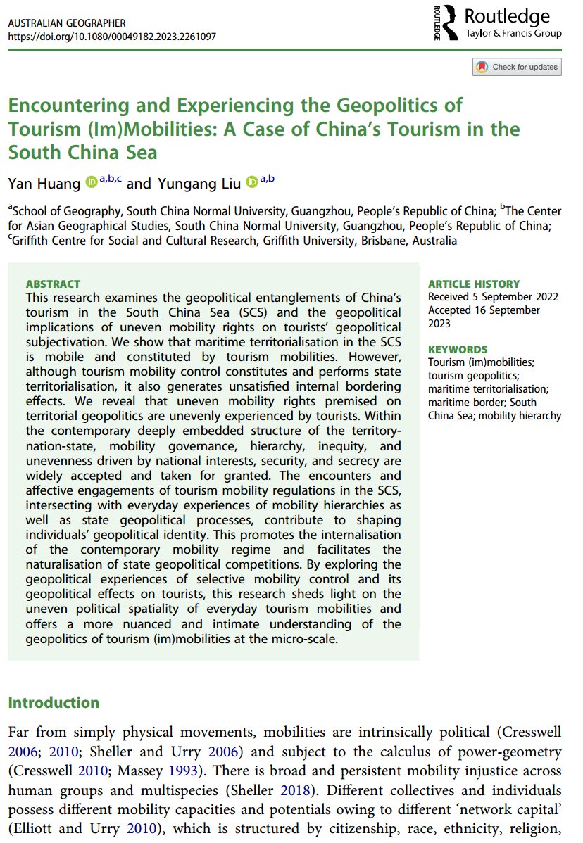 yanhuangsue's tweet photo. New article online! It takes China’s tourism in the SCS 
 as a case, exploring the geopolitical entanglements of tourism (im)mobility.

Thanks to Theresa @TheresaHarada  for inviting me to join the SI on Mobility Justice  @austgeog 

Free link: https://t.co/Hco4pon29J https://t.co/g7vFcvd9fM