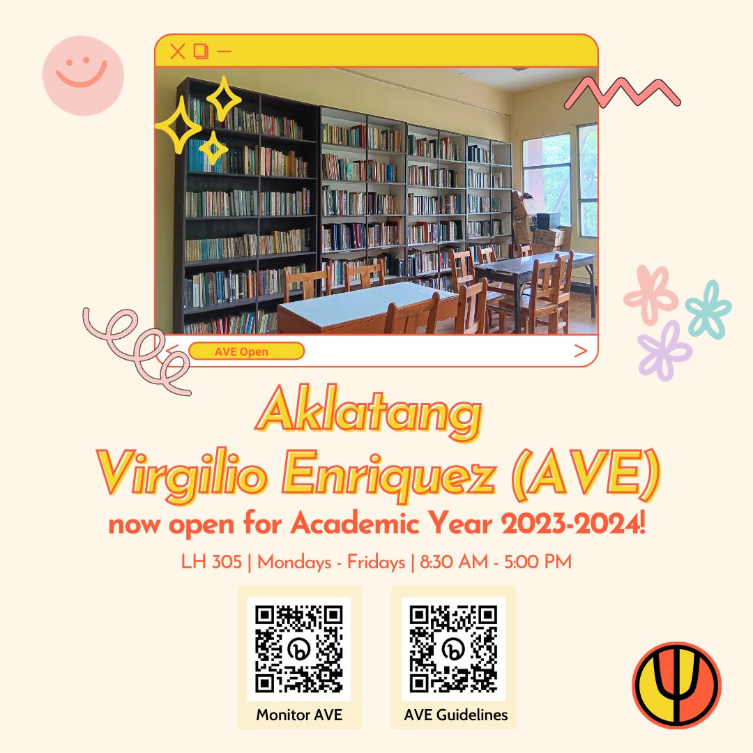 UPPsychedelics's tweet photo. AVEnture time!! ✨️ Come along grab your friends as we go to this not so distant land within Lagmay. 🏫

The Aklatang Virgilio Enriquez (AVE) located at LH 305 is open once again for your usage for the first semester of A.Y. 2023-2024. https://t.co/yo9Z25VWbp