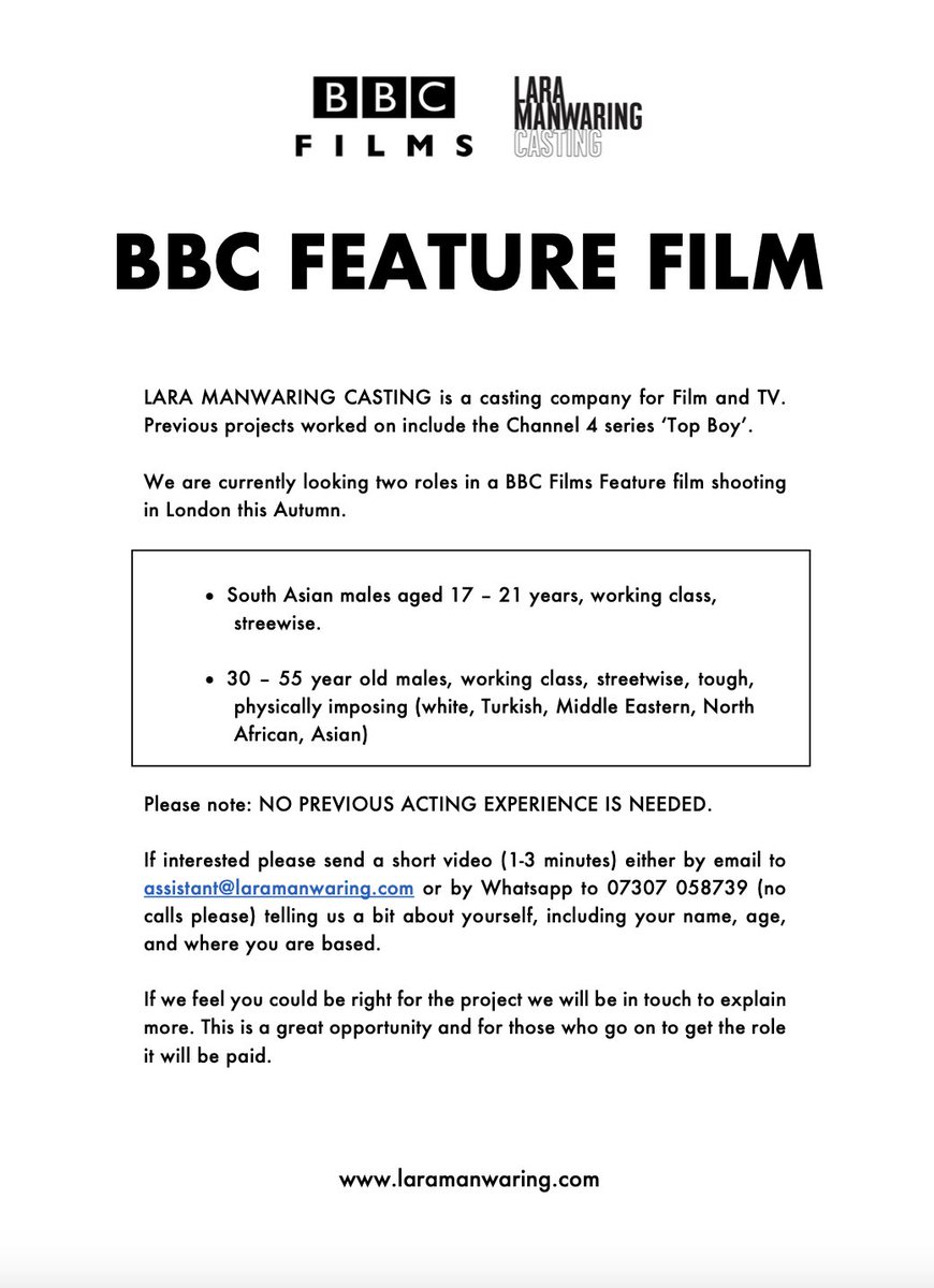 CASTING in London and the surrounding area for 2 roles in a BBC Feature Film shooting this Autumn.  Please share! 🙏