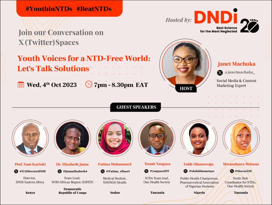 "We look to youth for passion ,inspiration and innovation; it's your future on the line " ~ Dr. Mwele Malecela

Join us tomorrow as we discuss on the voices of Youth to End Neglected Tropical Diseases 
At 7 to 8: 30 pm EAT 

x.com/i/spaces/1DXGy…