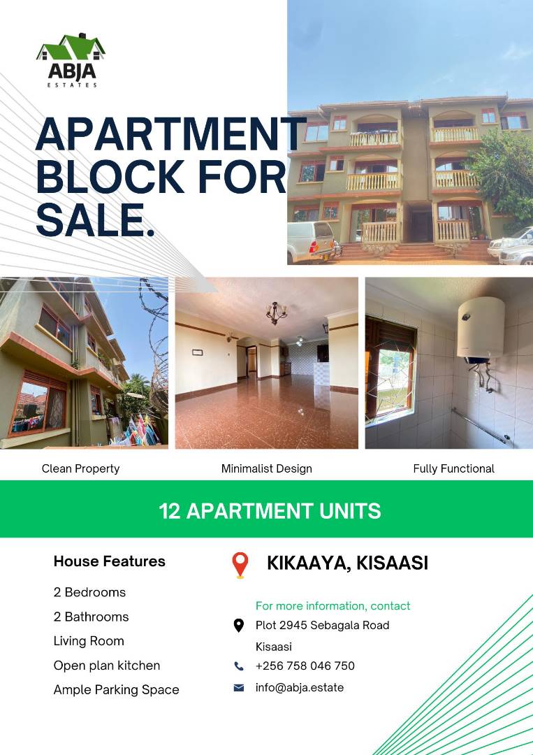 Its #ABJAPropertyTuesday and our first property today is an apartment block for sale in Bahai, Kikaaya with 12 apartment units and it is 100m off the main road.

For more details and information please contact us on +256 758 046 750/ +256 779 732 557

#WeAreABJA 
#propertyforsale