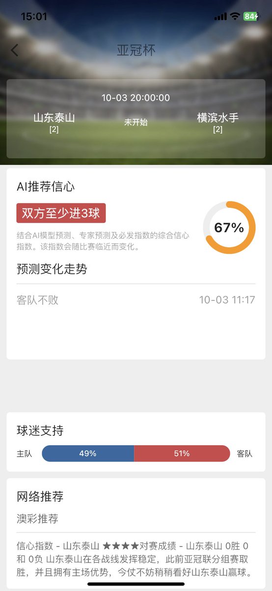 AI_forecast's tweet photo. 下午场预测推荐 #亚冠 #山东泰山 #横滨水手 #亚运女足 #中国女足 #日本女足 #AI足球预测结果 #足球预测 #足球分析 #足球竞猜 #足球推荐 https://t.co/7JpTiiIG6H